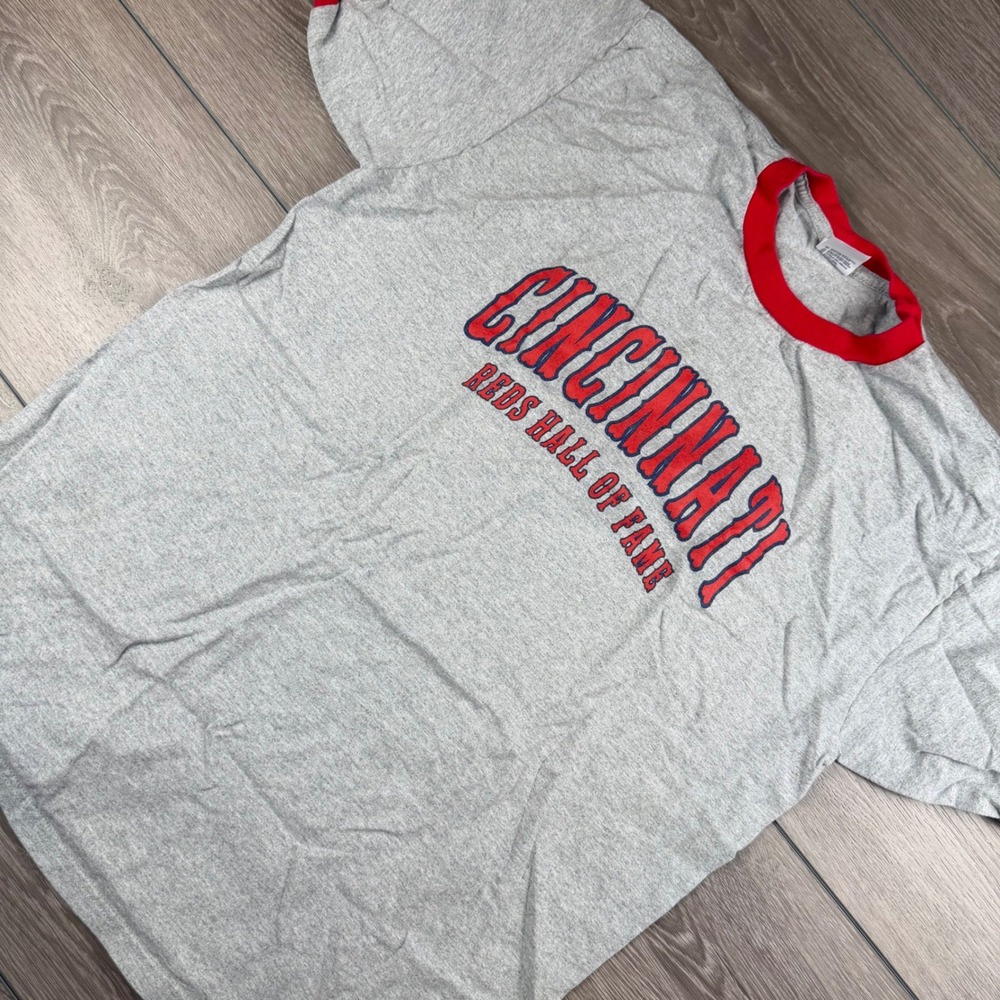 Anvil Mens MLB T Shirt Cincinnati Reds Hall Of Fame Ringer Gray XL